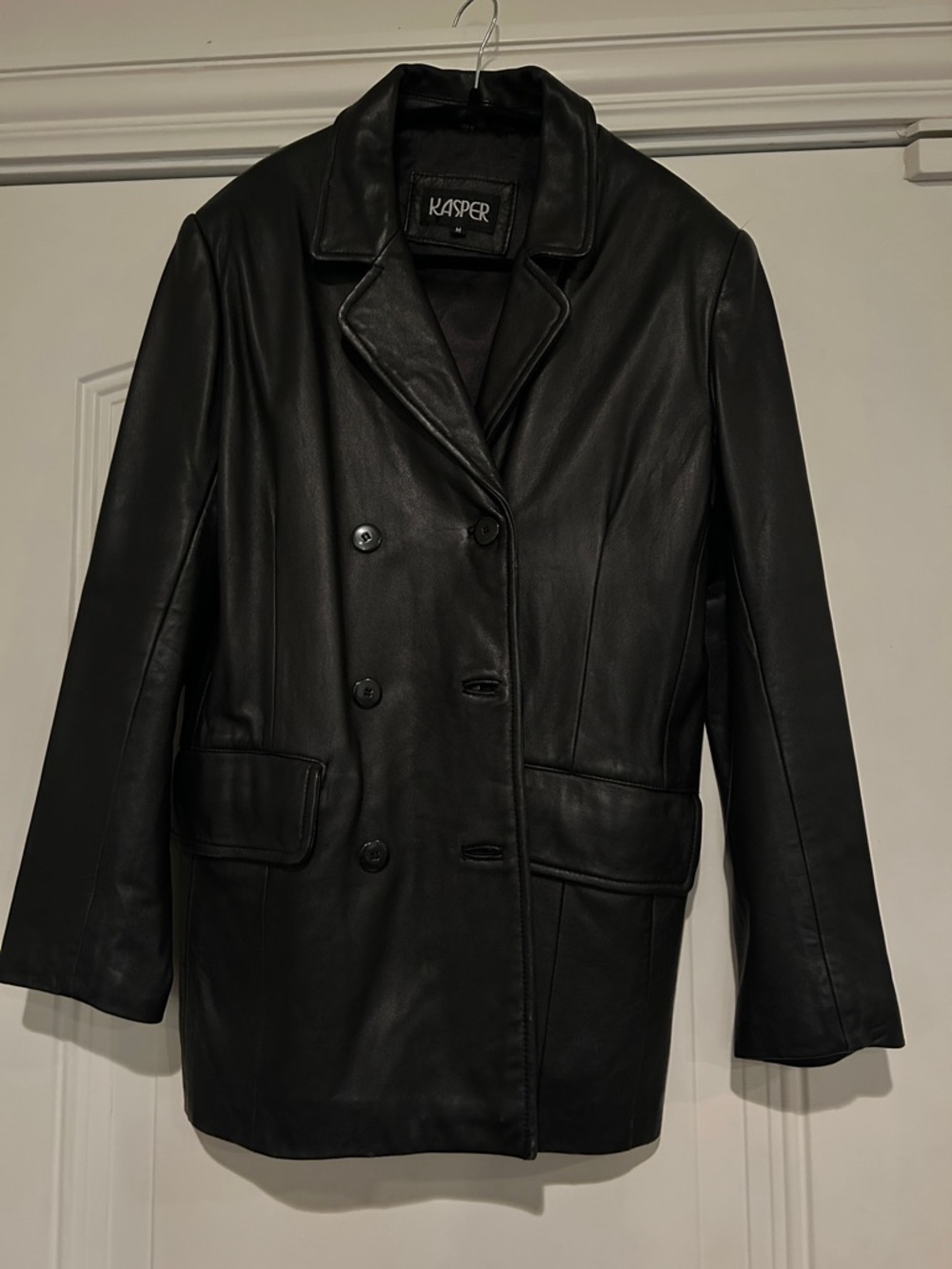 Kasper Black Leather Double-Breasted Blazer Coat